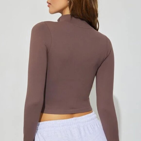 Brown Zip-Up Crop Jacket - Long Sleeve Activewear Top - Picture 3 of 6